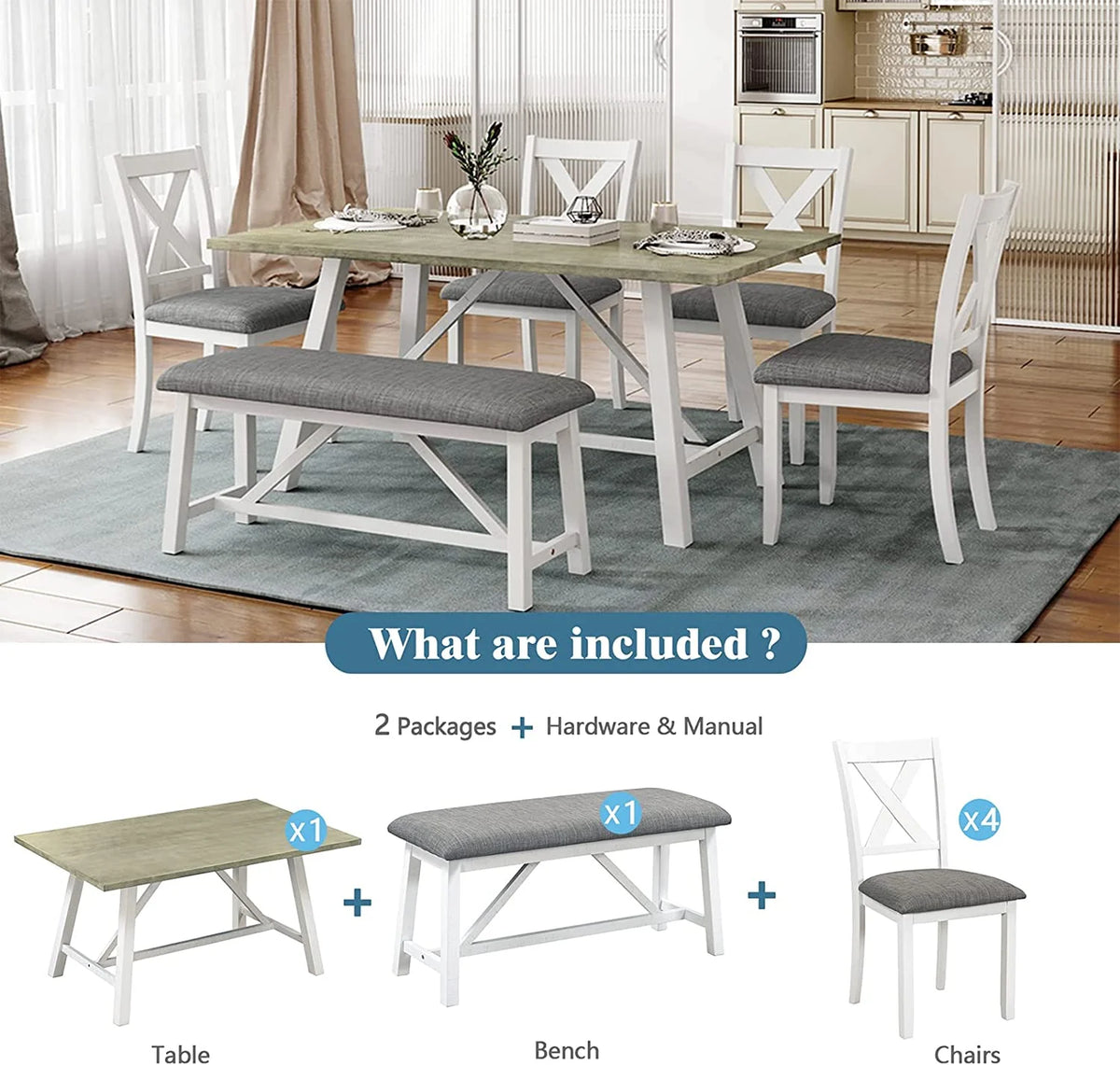 6 Piece White Gray Wood Dining Table Set with Bench and 4 Chairs M47923