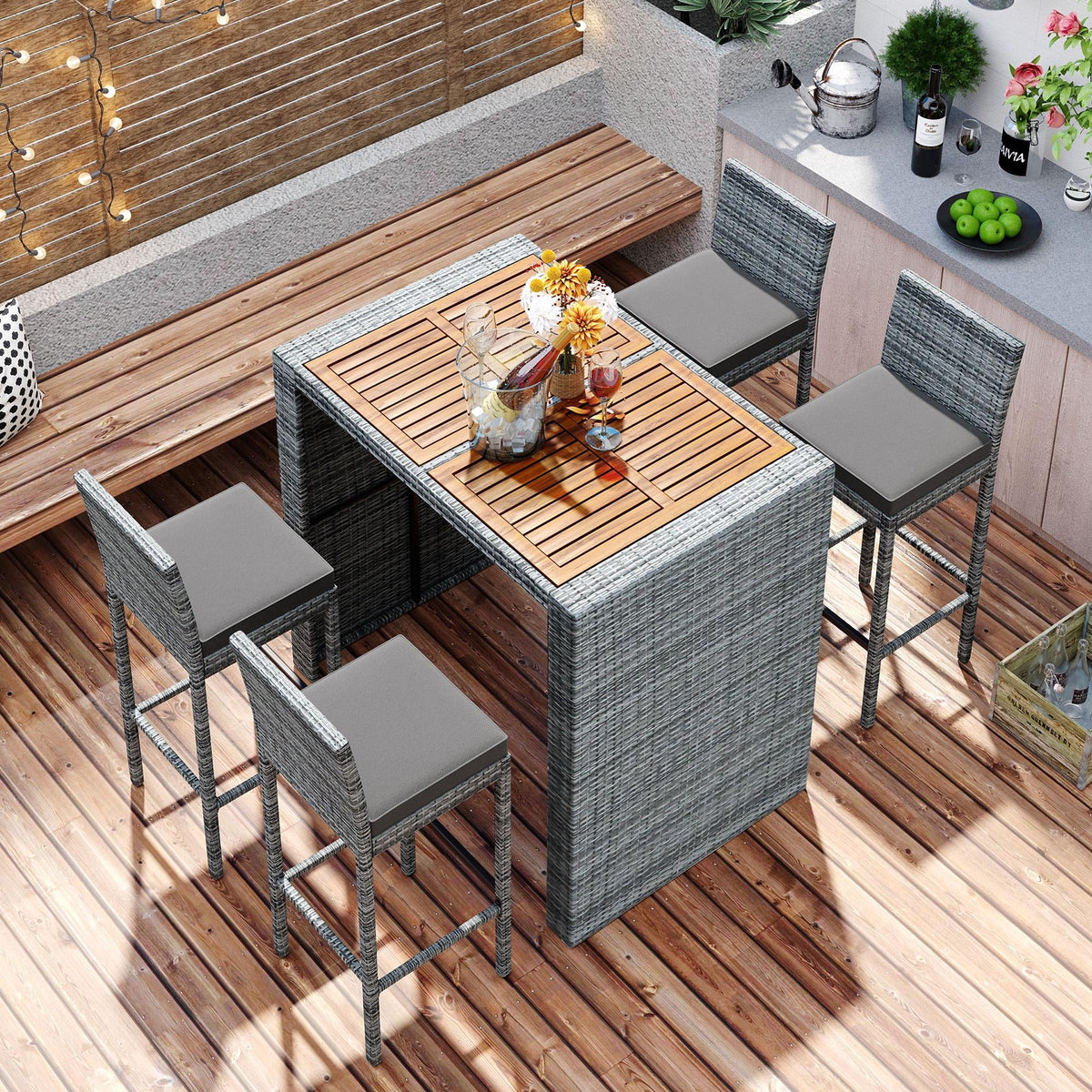 5 Piece Outdoor Rattan Dining Set with Storage Shelf Z58417