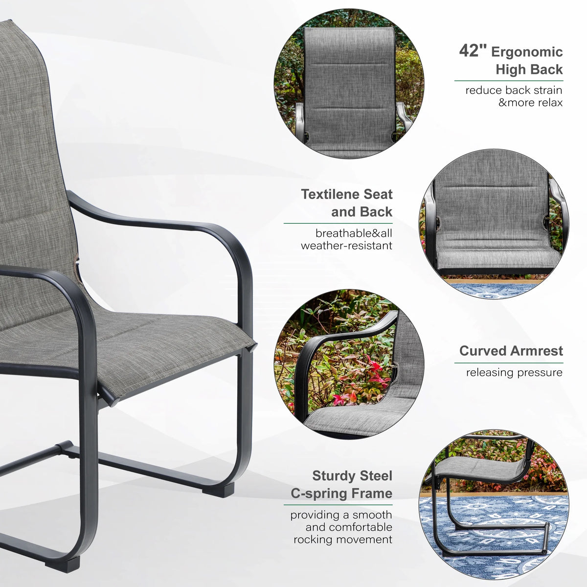 Black&Gray Outdoor Patio Dining Chairs with Padded Seat and Back L751119