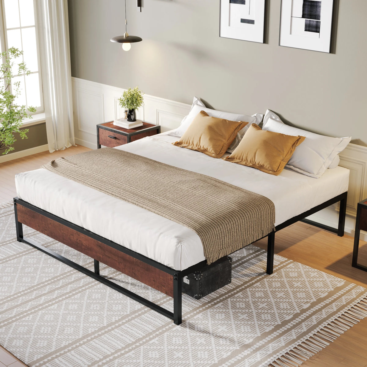 Brown King Size Metal Platform Bed Frame with Underbed Storage I276986