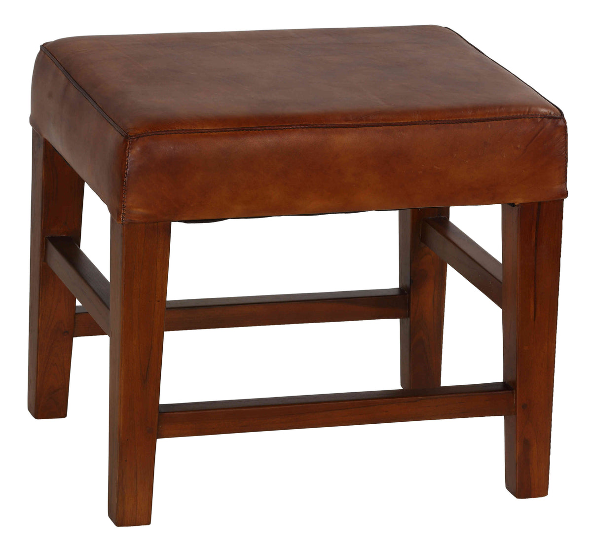 Genuine Leather Ottoman with Solid Teak Wood Legs, Brown O193