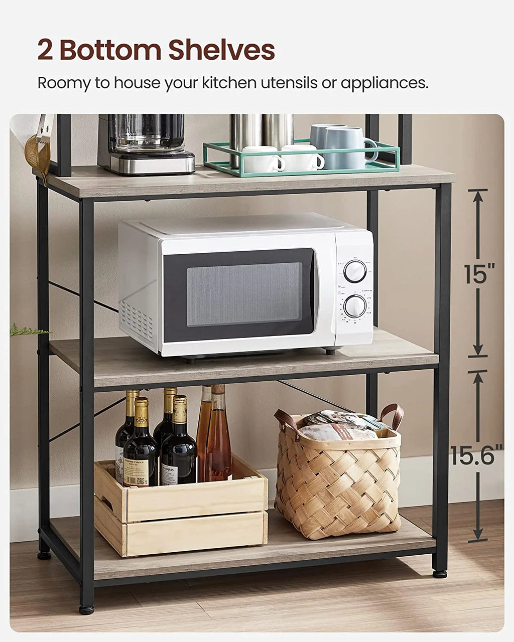 6-Tier Greige and Black Kitchen Shelves with 6 Hooks B49586