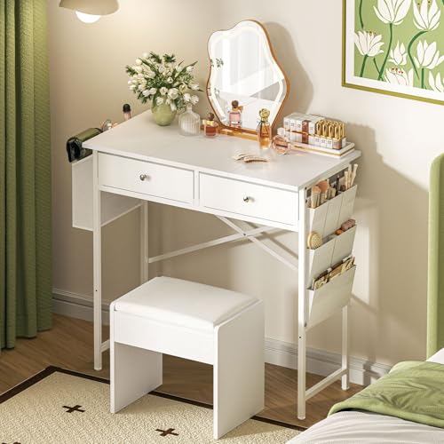 White 32 Inch Vanity Desk with Fabric Drawer C131