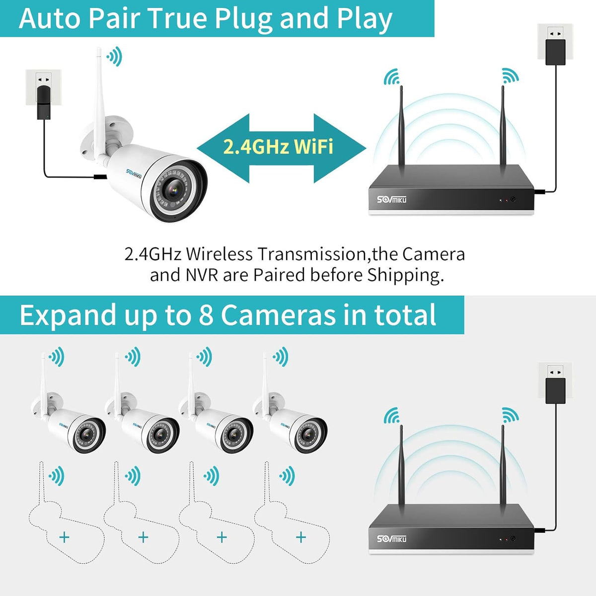 2K WiFi Security Camera System, 8 Channel NVR, Outdoor IP66 Waterproof, Night Vision D91373