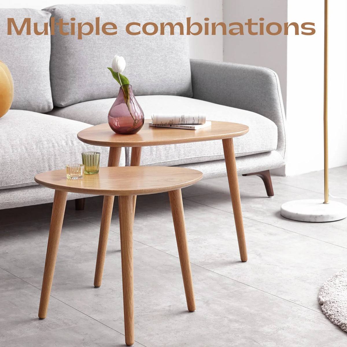 Solid Oak Wood Coffee Table with Pebble Shape, Natural Walnut, 25.6''×17.5''×19.7'' V53309