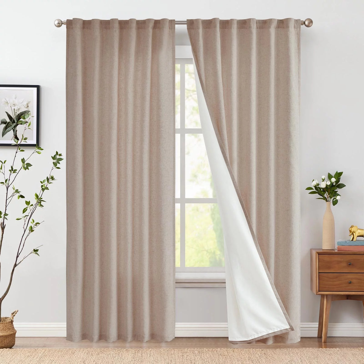 Linen Curtains 84 Inch Length Light Filtering with Lined 2 Panels N5587