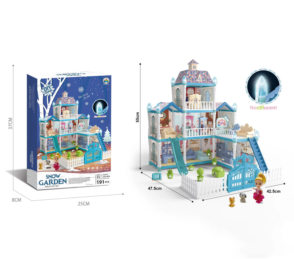 8 Room Dollhouse Play Set with Slide Doll and Furniture Accessories, 191 Pcs P717608