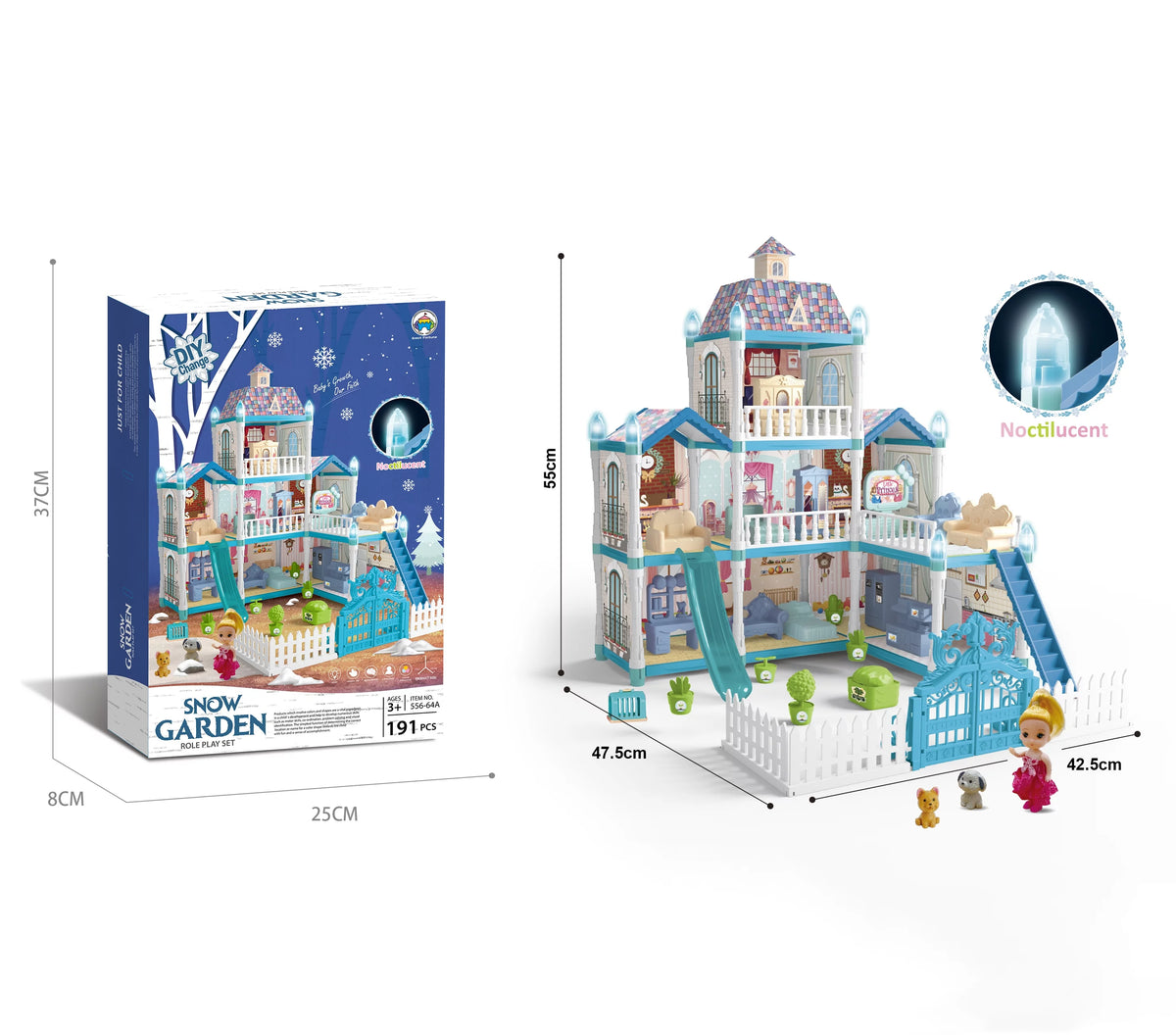 8 Room Dollhouse Play Set with Slide Doll and Furniture Accessories, 191 Pcs P717608