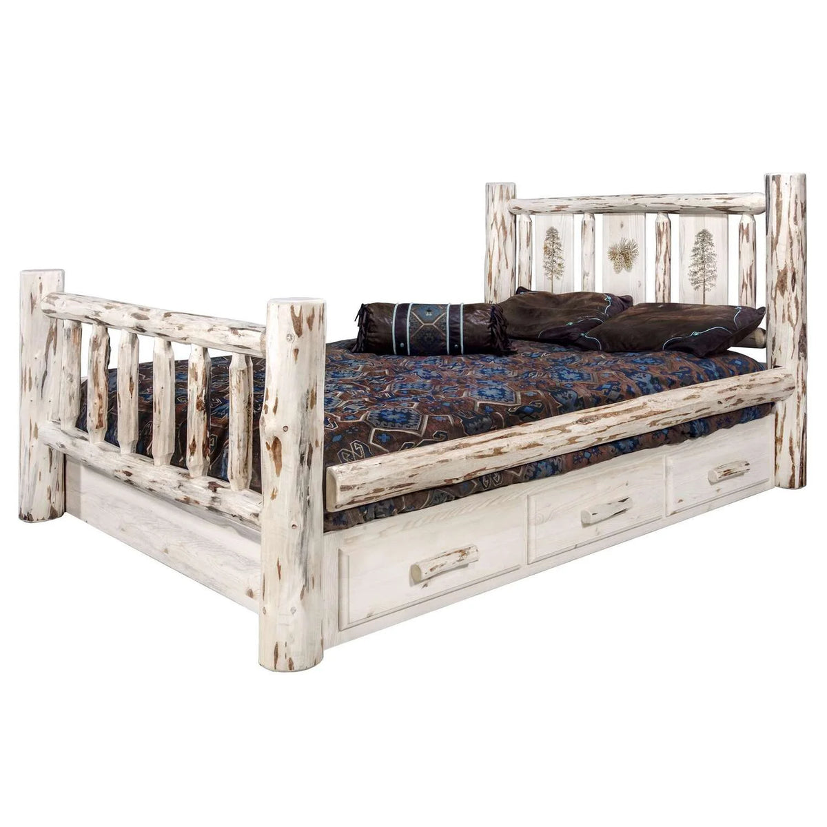 Wood Full Storage Bed with Pine Design in Natural N824