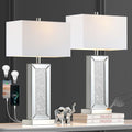 Table Lamp Set of 2 Touch Control Silver Mirror Crystal with USB C+A Ports 3-Way Dimmable White Fabric Shade C2153