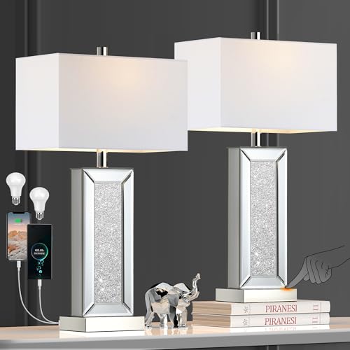 Table Lamp Set of 2 Touch Control Silver Mirror Crystal with USB C+A Ports 3-Way Dimmable White Fabric Shade C2153