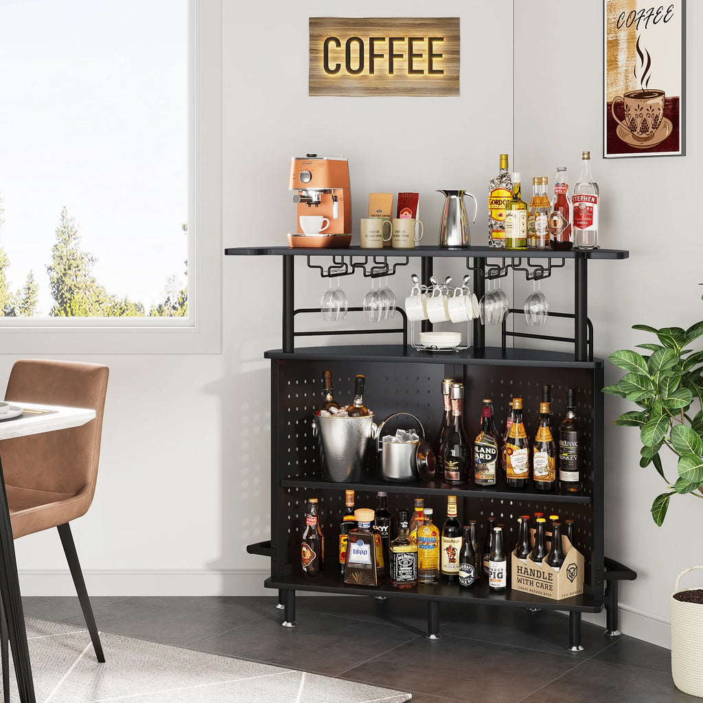 3-Tier Liquor Bar Table with Wine Glasses Holder and Storage Shelves J226