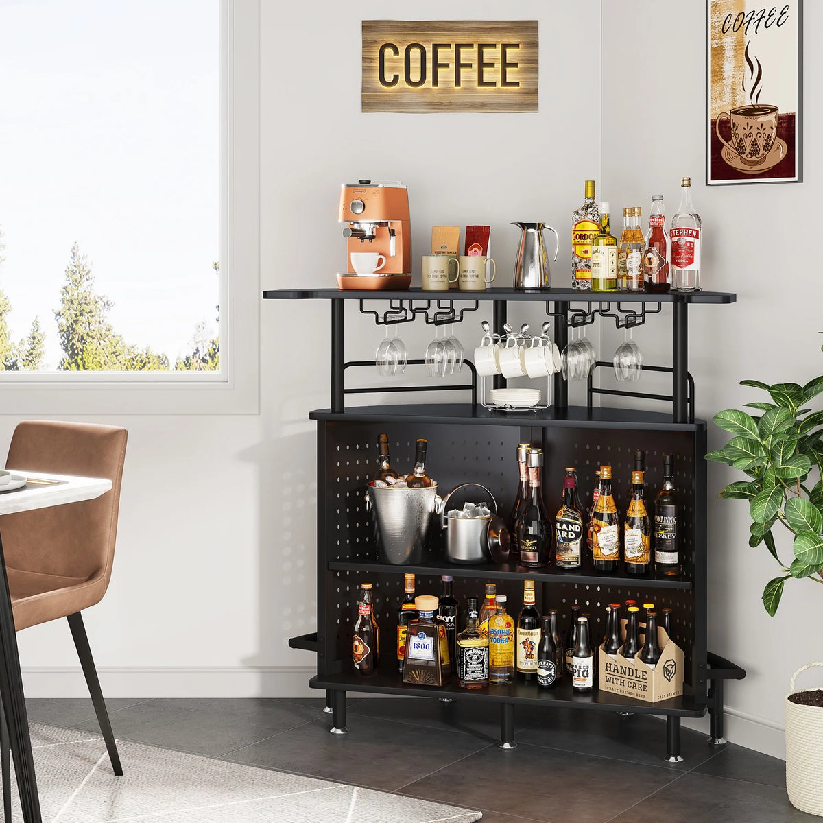 3-Tier Liquor Bar Table with Wine Glasses Holder and Storage Shelves J226