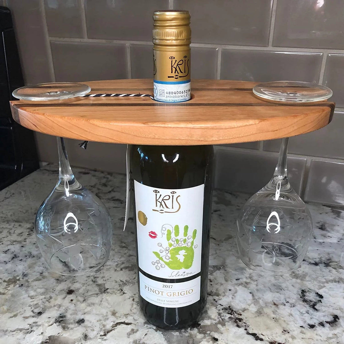 10.5" x 5.5" Wooden Wine Bottle and Glass Display S796701