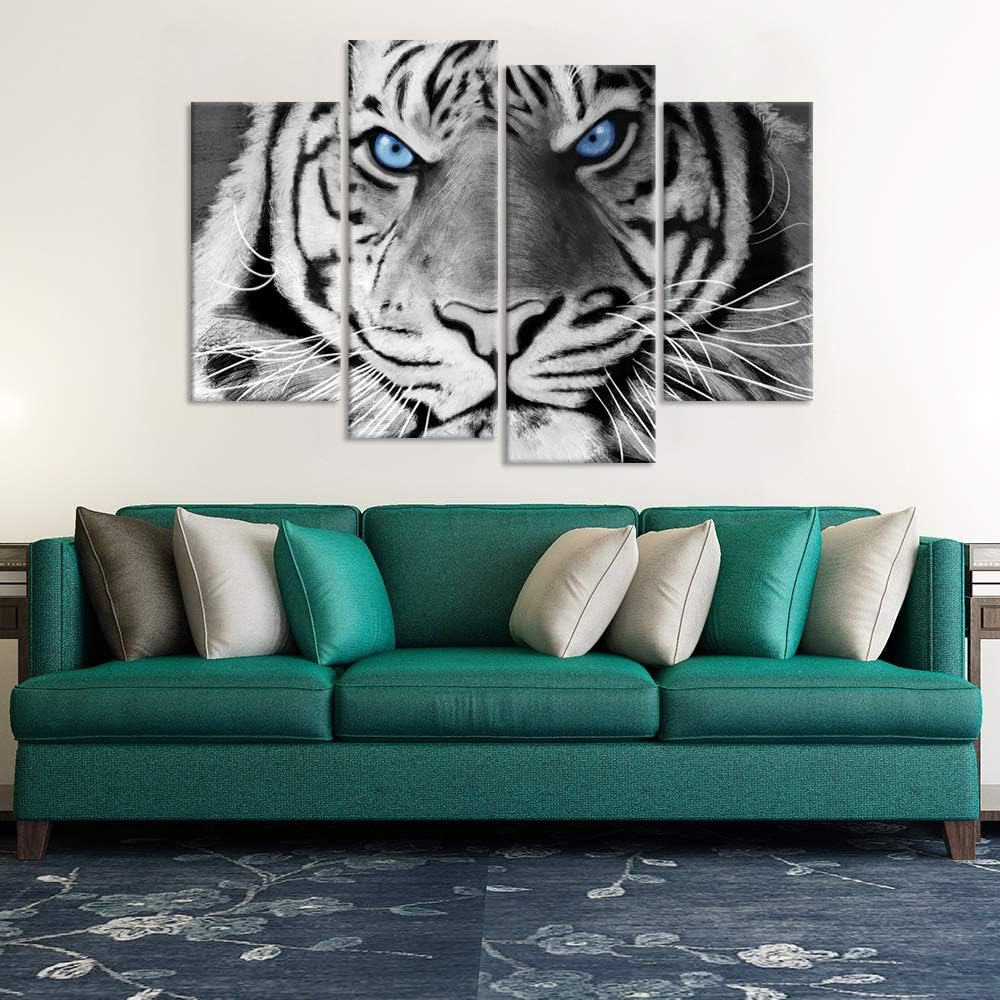 4 Panel Black And White Tiger Canvas Wall Art Stretched And Framed K7140