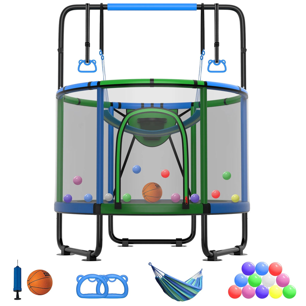 5FT Toddler Trampoline with Basketball Hoop, Swing, Adjustable Bar, Enclosure Net N159