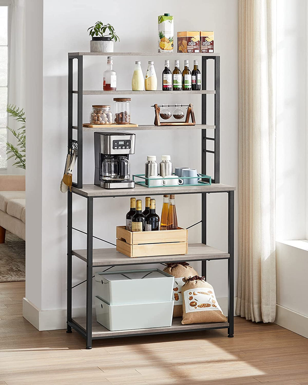 6-Tier Greige and Black Kitchen Shelves with 6 Hooks B49586