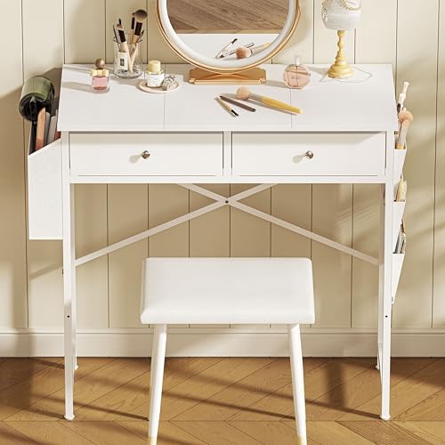 White 32 Inch Vanity Desk with Fabric Drawer C131