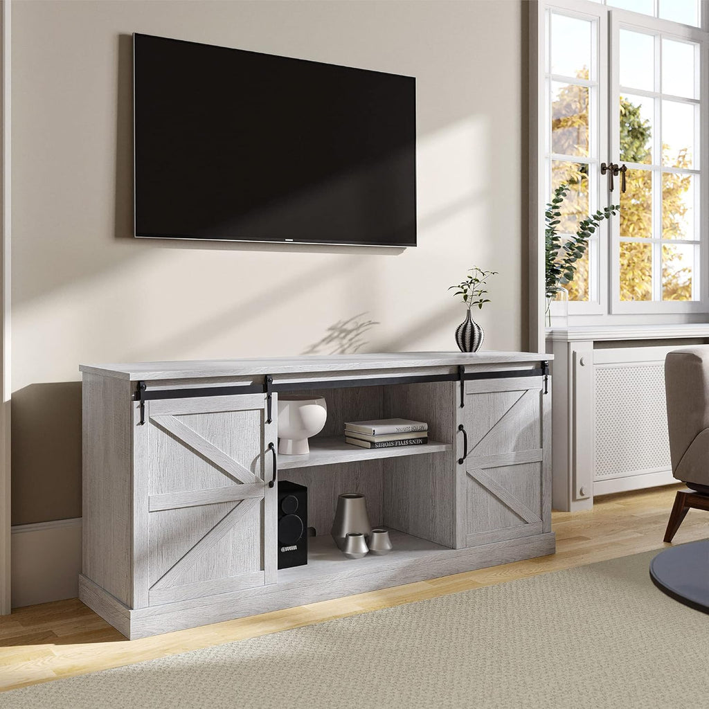 Stone Grey TV Stand with Sliding Barn Door and Storage Cabinets T99637