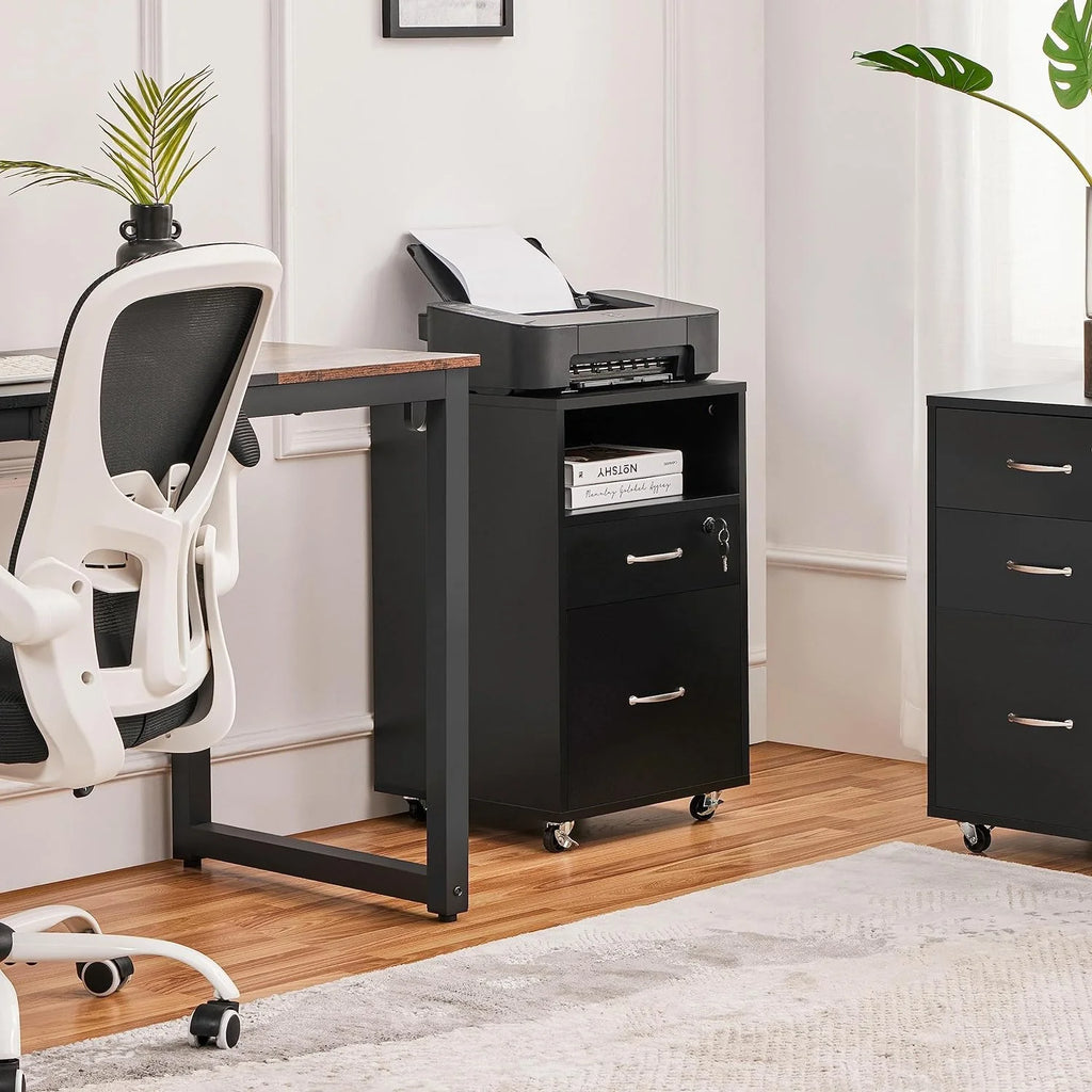 2pcs Mobile File Cabinet Letter Size Filing Cabinet with Printer Stand Black Rustic Brown R89106