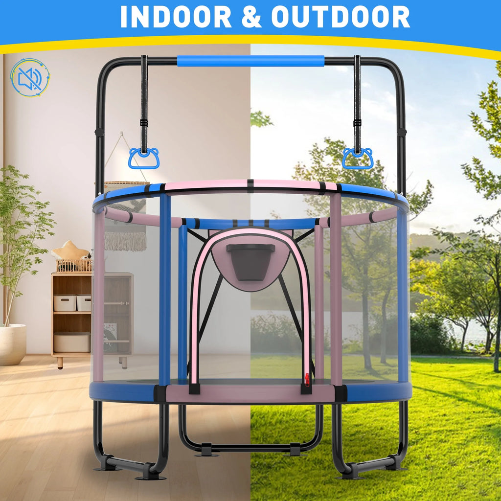5FT Toddler Trampoline with Basketball Hoop, Swing, Adjustable Bar, Enclosure Net N159
