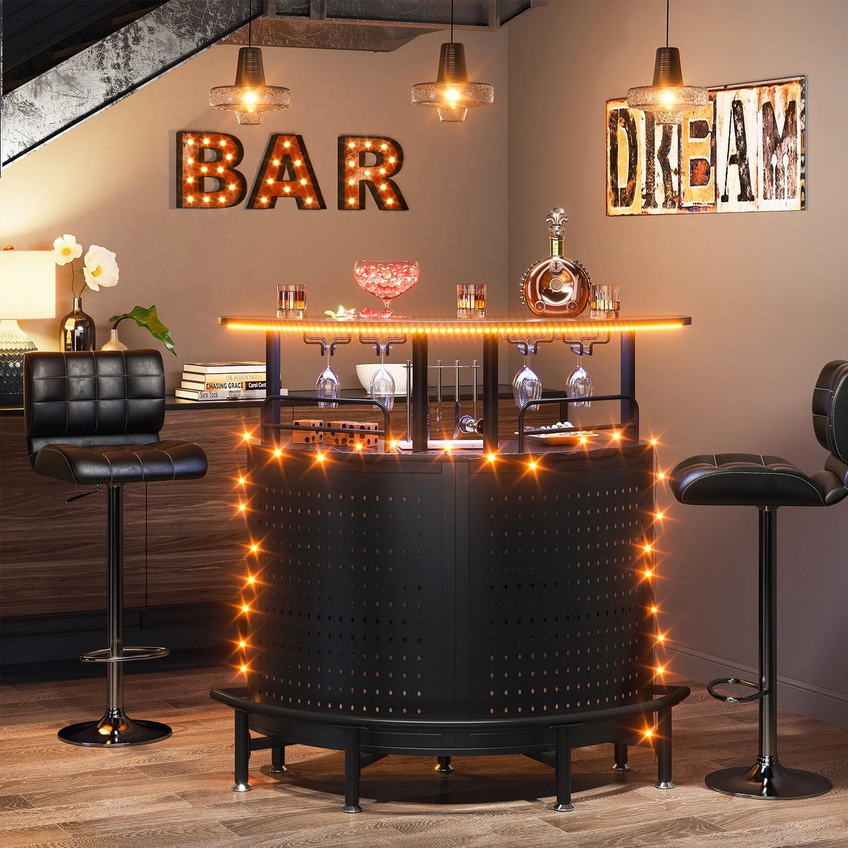 3-Tier Liquor Bar Table with Wine Glasses Holder and Storage Shelves J226