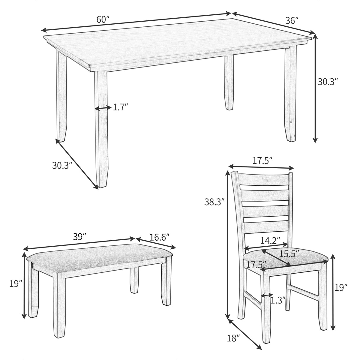 6 Piece Wooden Dining Set with Table, Bench & 4 Chairs G1139