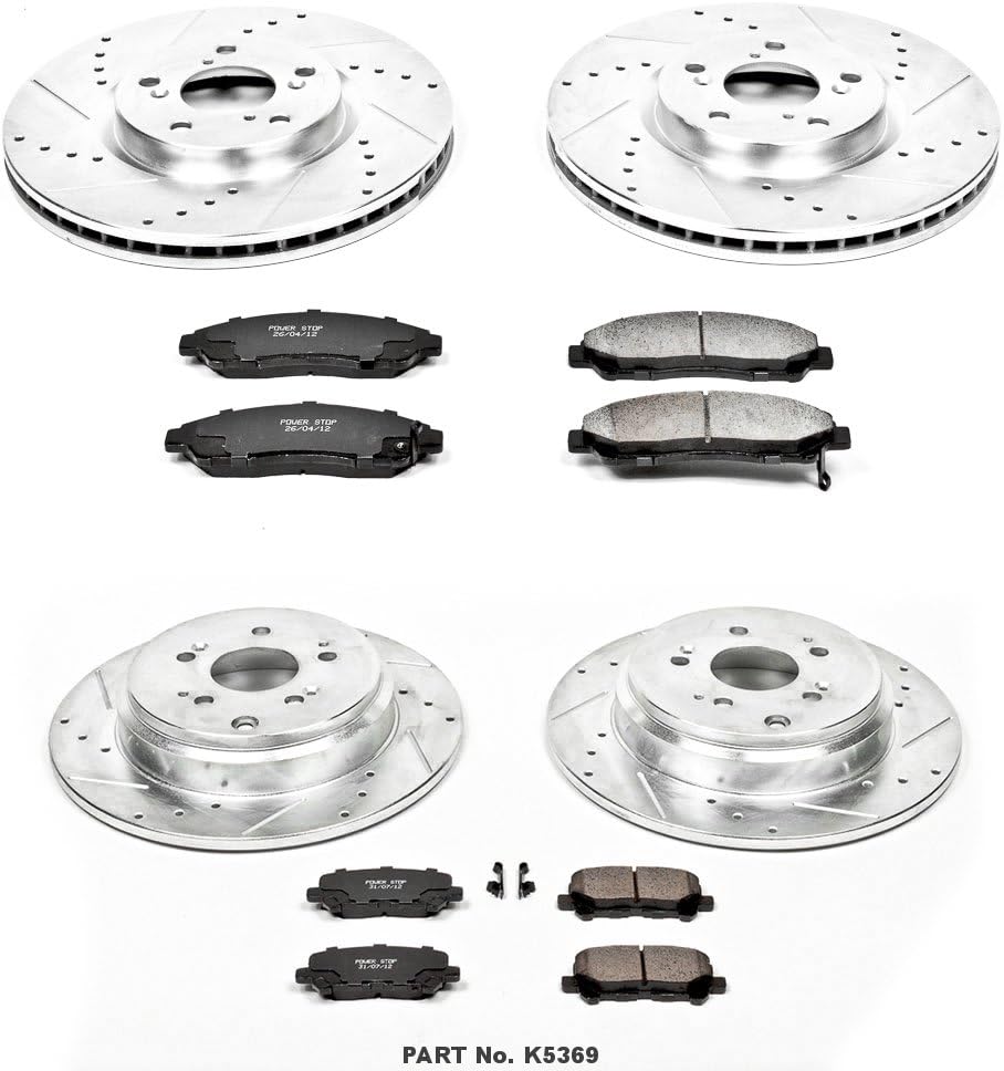 Front and Rear Carbon Fiber Brake Pads with Drilled & Slotted Brake Rotors Kit I33082