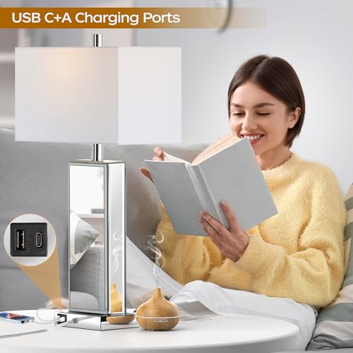 Table Lamp Set of 2 Touch Control Silver Mirror Crystal with USB C+A Ports 3-Way Dimmable White Fabric Shade C2153