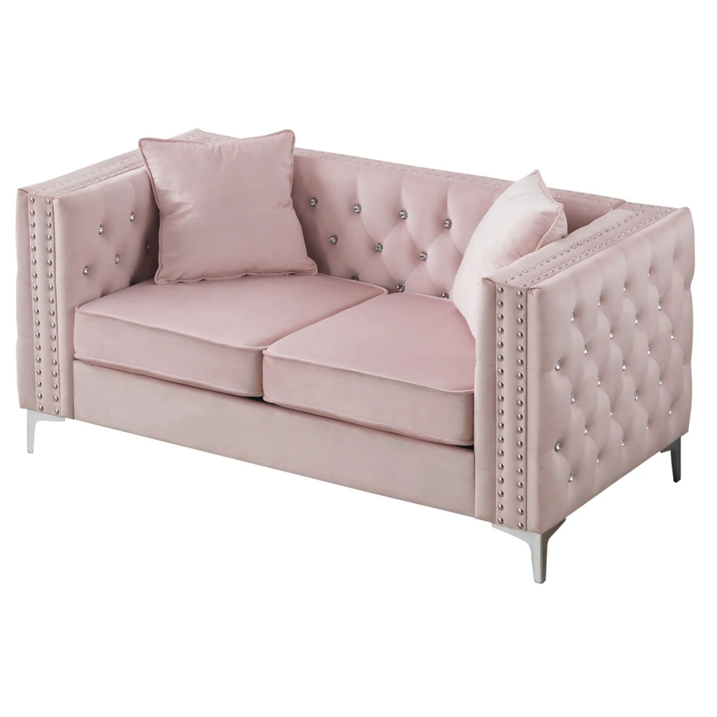 Pink Velvet 2-Seater Sofa with 2-Throw Pillow V357085