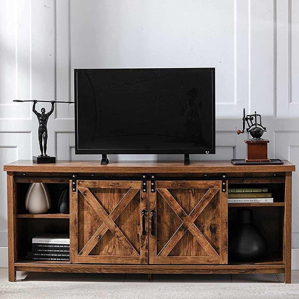 Farmhouse TV Stand with Wooden Sliding Barn Door TV Console U4508