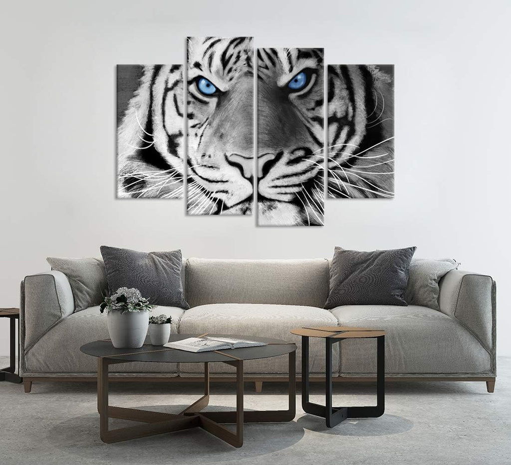 4 Panel Black And White Tiger Canvas Wall Art Stretched And Framed K7140