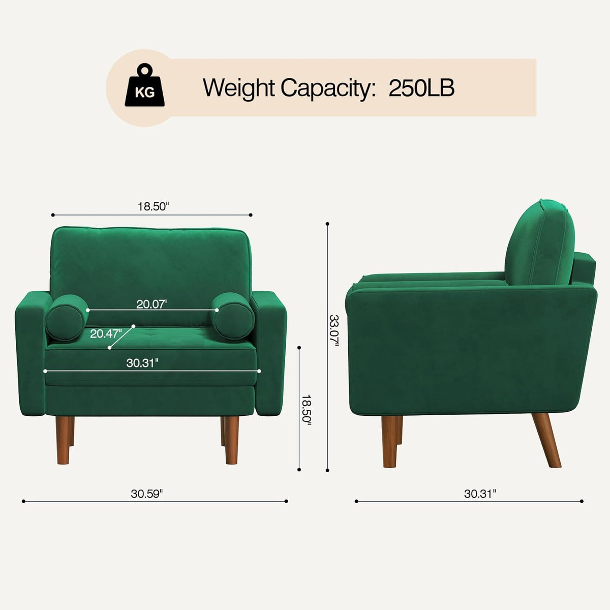 Green Velvet Button Tufted Accent Chair with 2 Pillows K65544