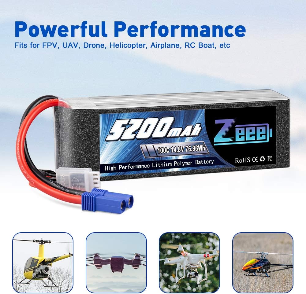 4S Lipo Battery 14.8V 5200mAh 100C EC5 Plug Soft Case 2 Pack P35799