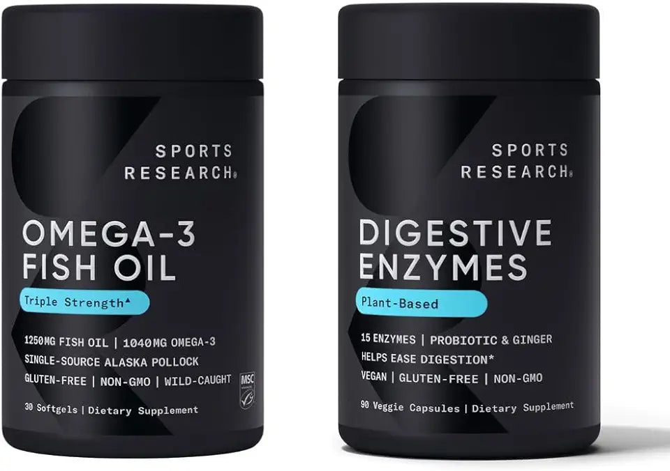 1250mg Omega 3 Fish Oil Softgels and Probiotic Digestive Enzymes Veggie Capsules T5969