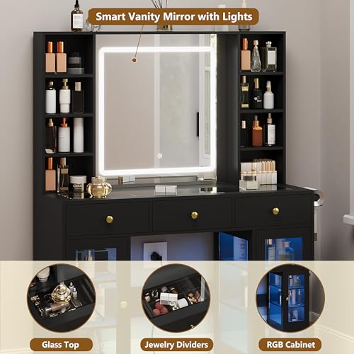 White Vanity Desk with Lighted Mirror and Glass Top N59081