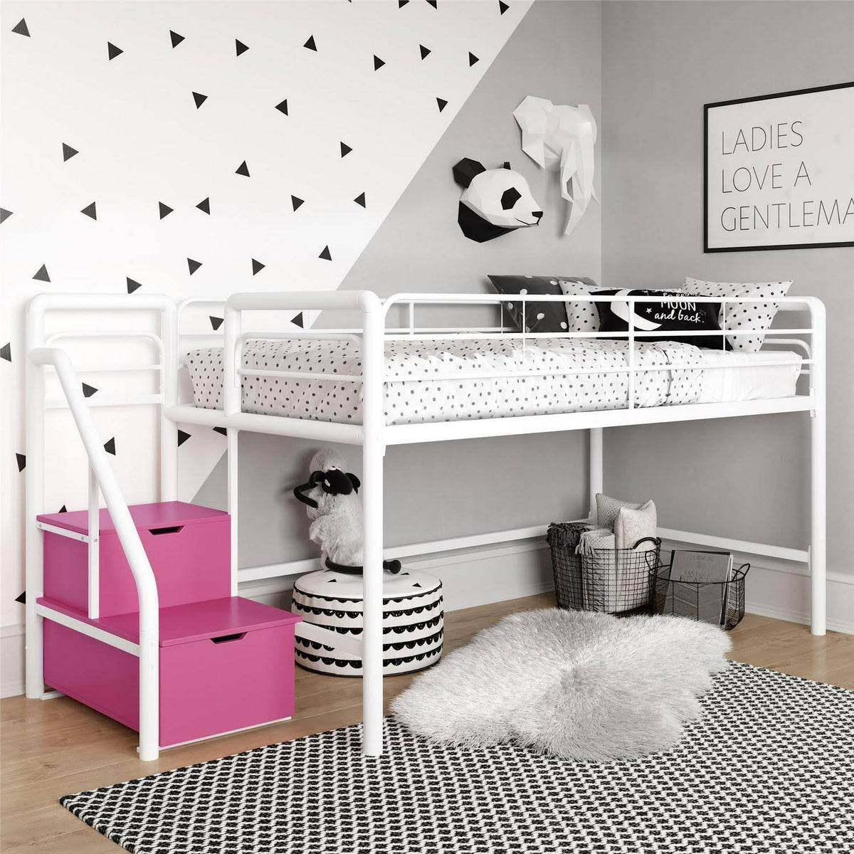 Black Junior Twin Loft Bed with Storage Steps C5921
