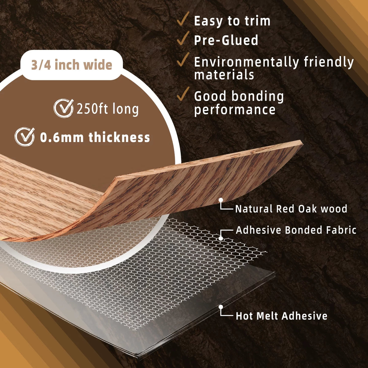 Red Oak Edge Banding, 3/4 inch x 250ft Pre-glued Flexible Real Wood Veneer X134942