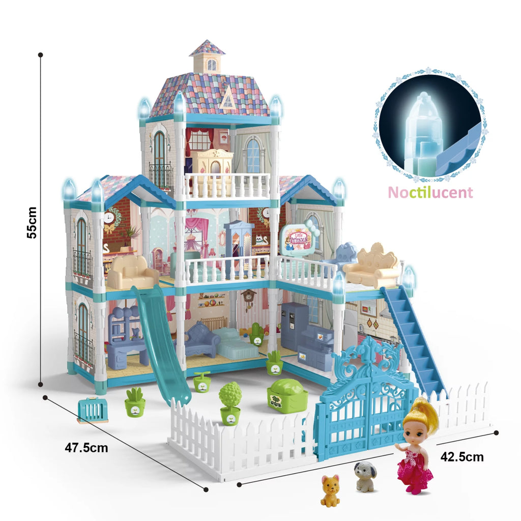 8 Room Dollhouse Play Set with Slide Doll and Furniture Accessories, 191 Pcs P717608
