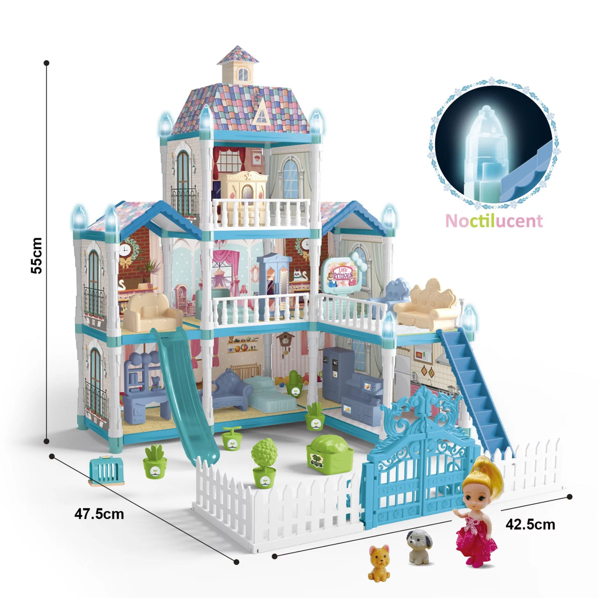 8 Room Dollhouse Play Set with Slide Doll and Furniture Accessories, 191 Pcs P717608