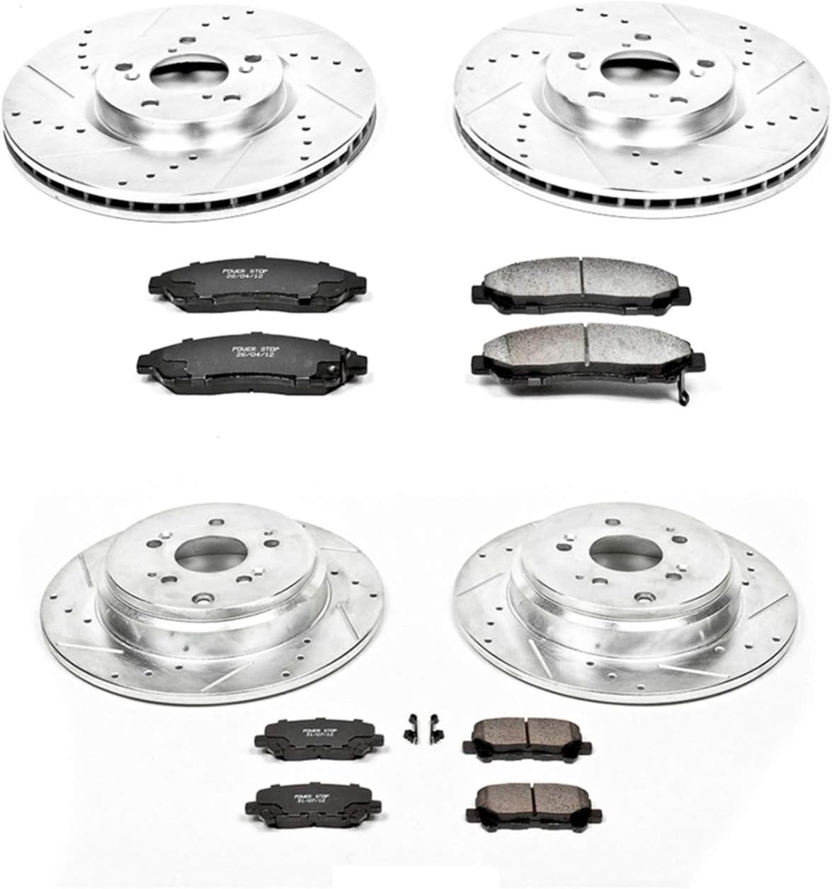 Front and Rear Carbon Fiber Brake Pads with Drilled & Slotted Brake Rotors Kit I33082