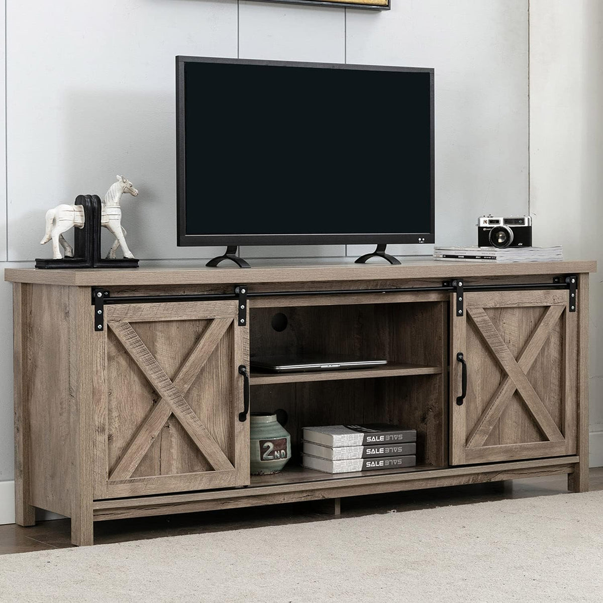 Farmhouse TV Stand with Wooden Sliding Barn Door TV Console U4508